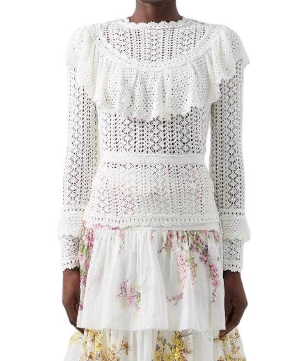 Zimmermann Jude Ruffle Top | Cream/Off-White, Fluted Sleeves, Crochet, Yoke Neck