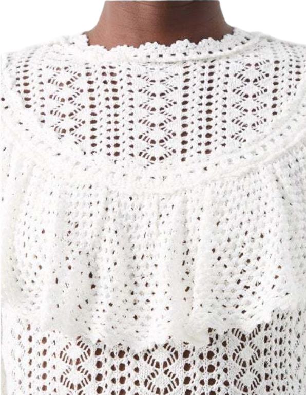 Zimmermann Jude Ruffle Top | Cream/Off-White, Fluted Sleeves, Crochet, Yoke Neck