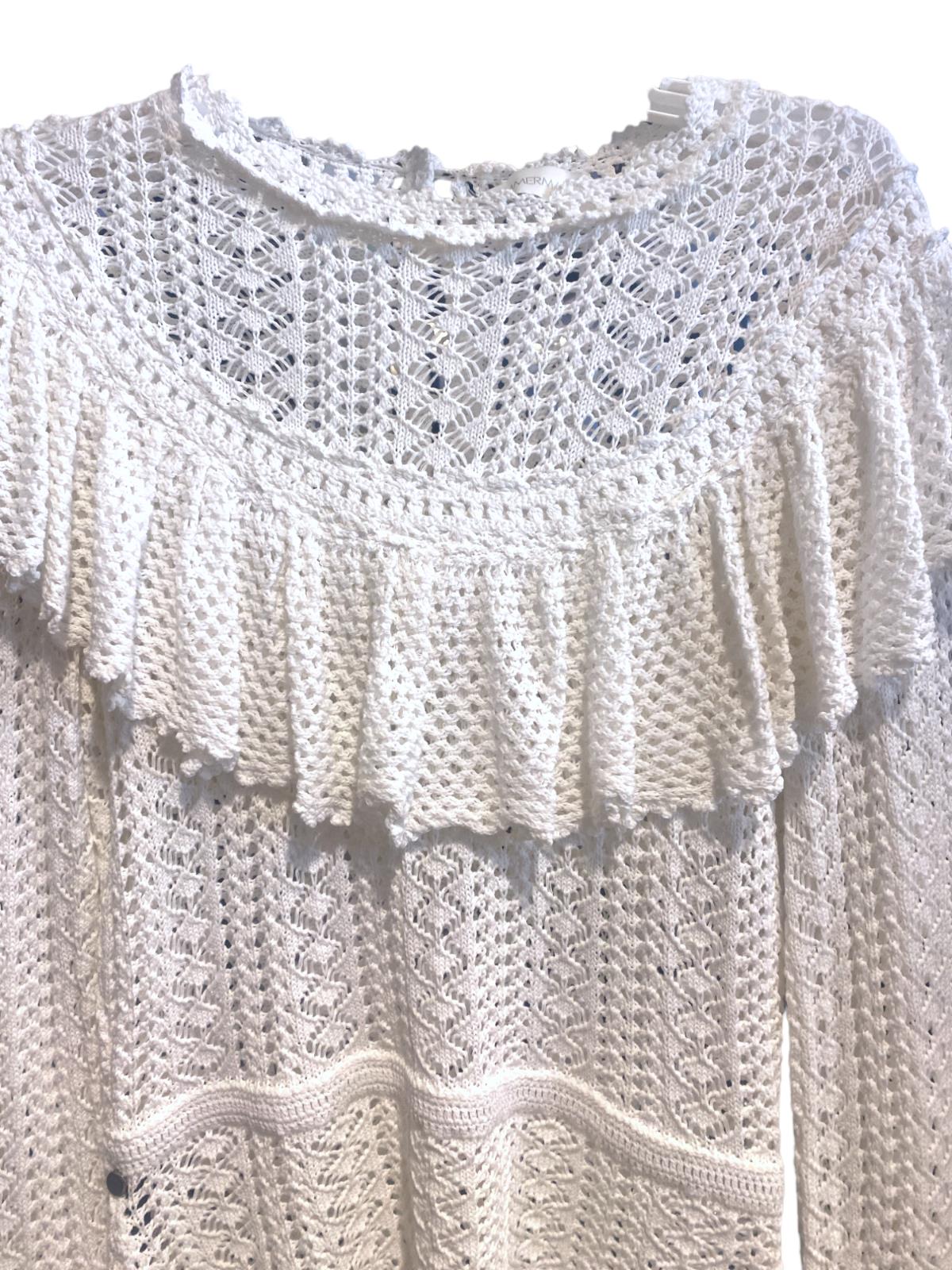 Zimmermann Jude Ruffle Top | Cream/Off-White, Fluted Sleeves, Crochet, Yoke Neck