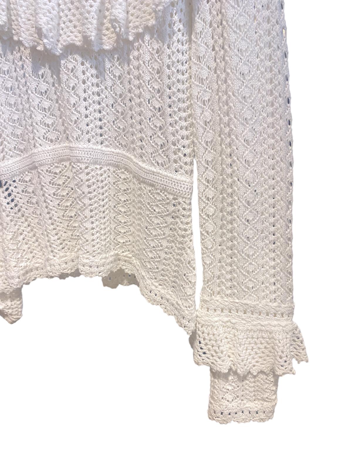 Zimmermann Jude Ruffle Top | Cream/Off-White, Fluted Sleeves, Crochet, Yoke Neck
