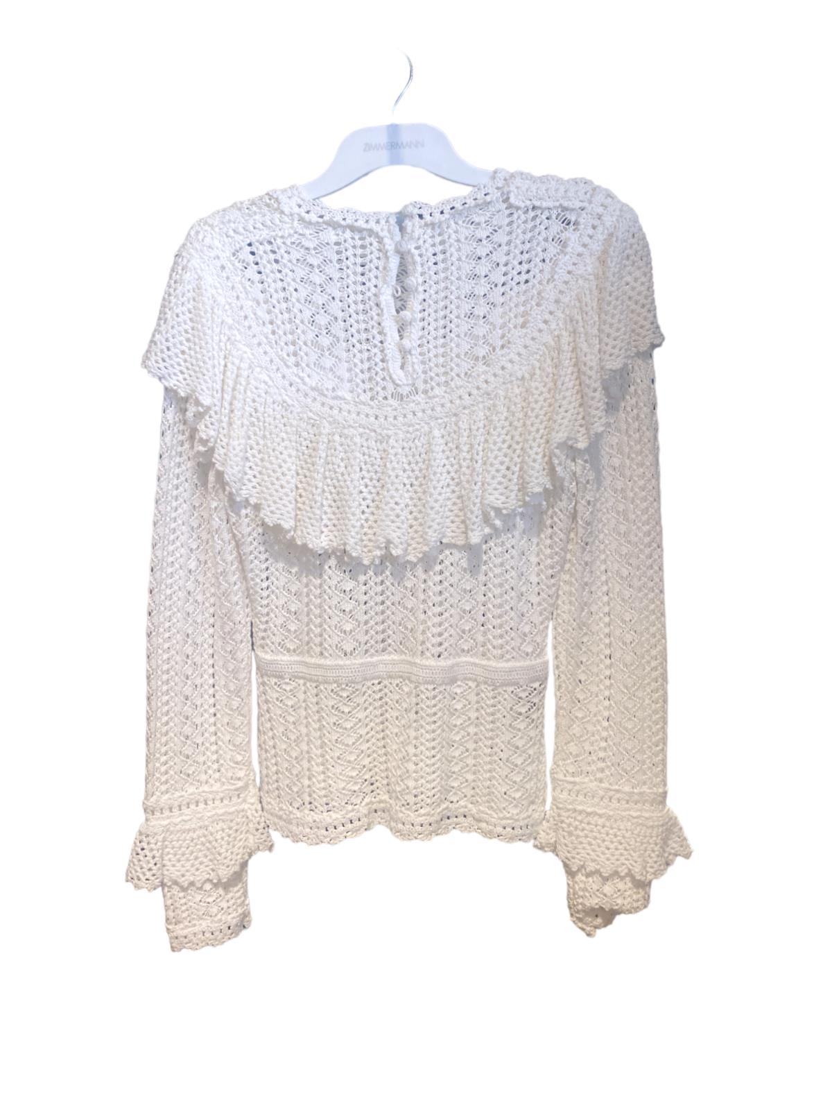 Zimmermann Jude Ruffle Top | Cream/Off-White, Fluted Sleeves, Crochet, Yoke Neck