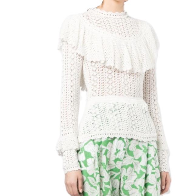 Zimmermann Jude Ruffle Top | Cream/Off-White, Fluted Sleeves, Crochet, Yoke Neck