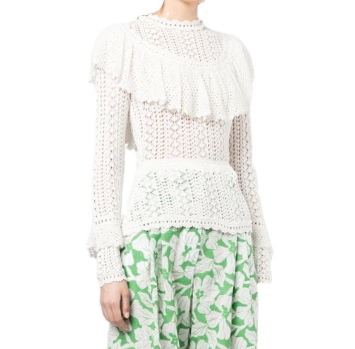 Zimmermann Jude Ruffle Top | Cream/Off-White, Fluted Sleeves, Crochet, Yoke Neck