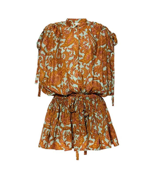 Zimmermann Tiggy Drawcord Mini Dress | Silk, Peach/Mint Paisley, Dropped Waist
