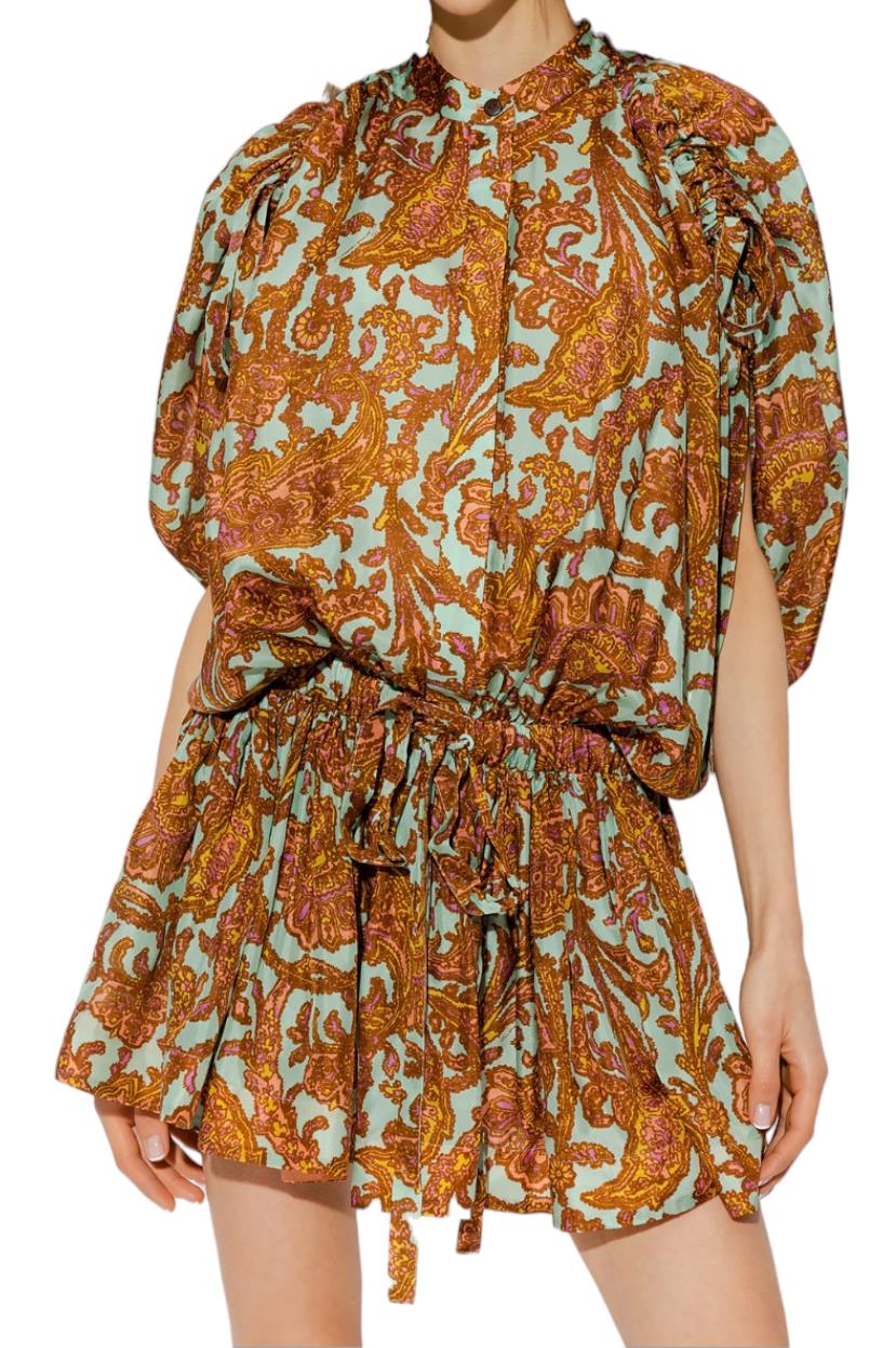 Zimmermann Tiggy Drawcord Mini Dress | Silk, Peach/Mint Paisley, Dropped Waist