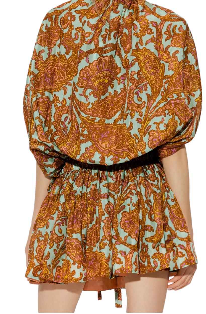 Zimmermann Tiggy Drawcord Mini Dress | Silk, Peach/Mint Paisley, Dropped Waist