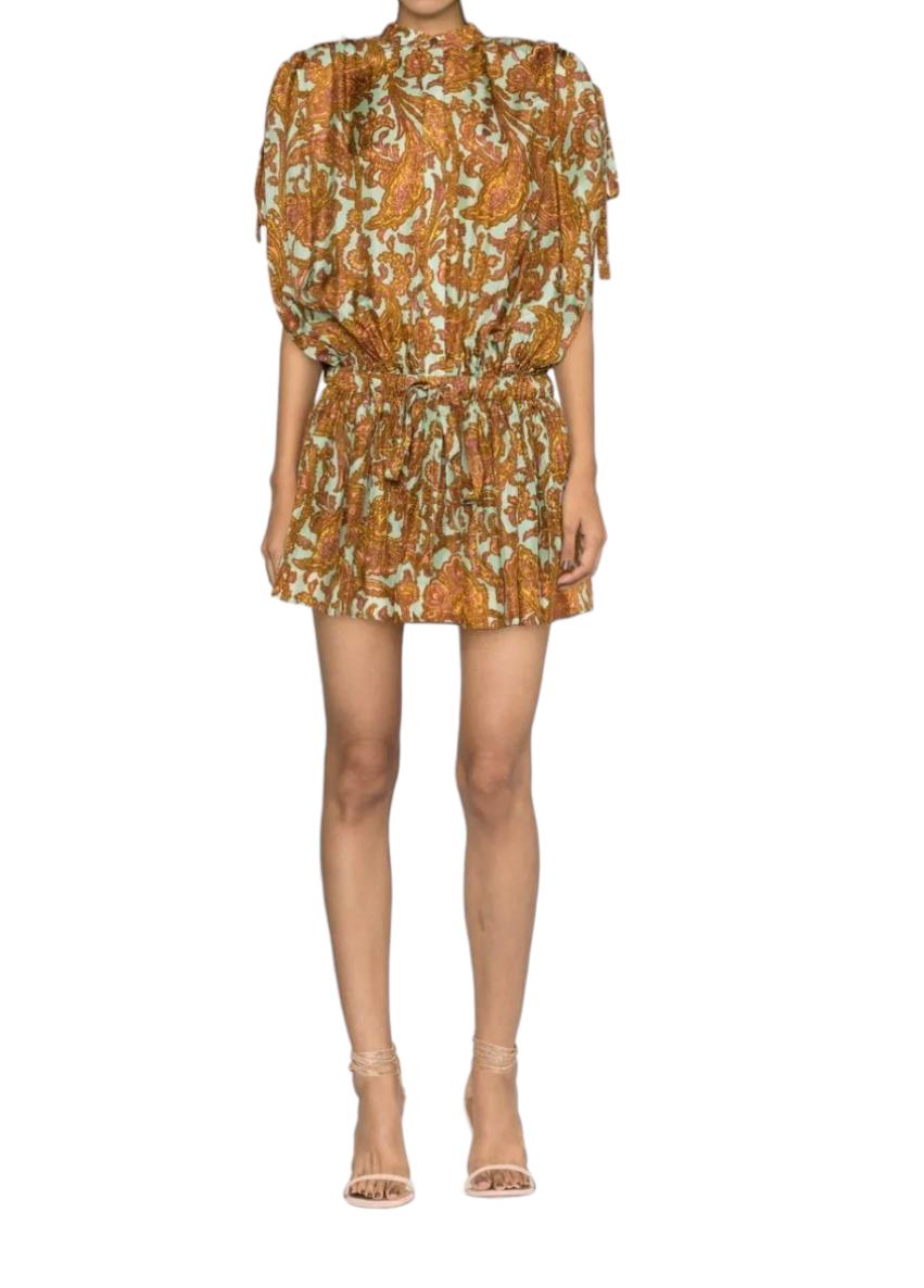 Zimmermann Tiggy Drawcord Mini Dress | Silk, Peach/Mint Paisley, Dropped Waist