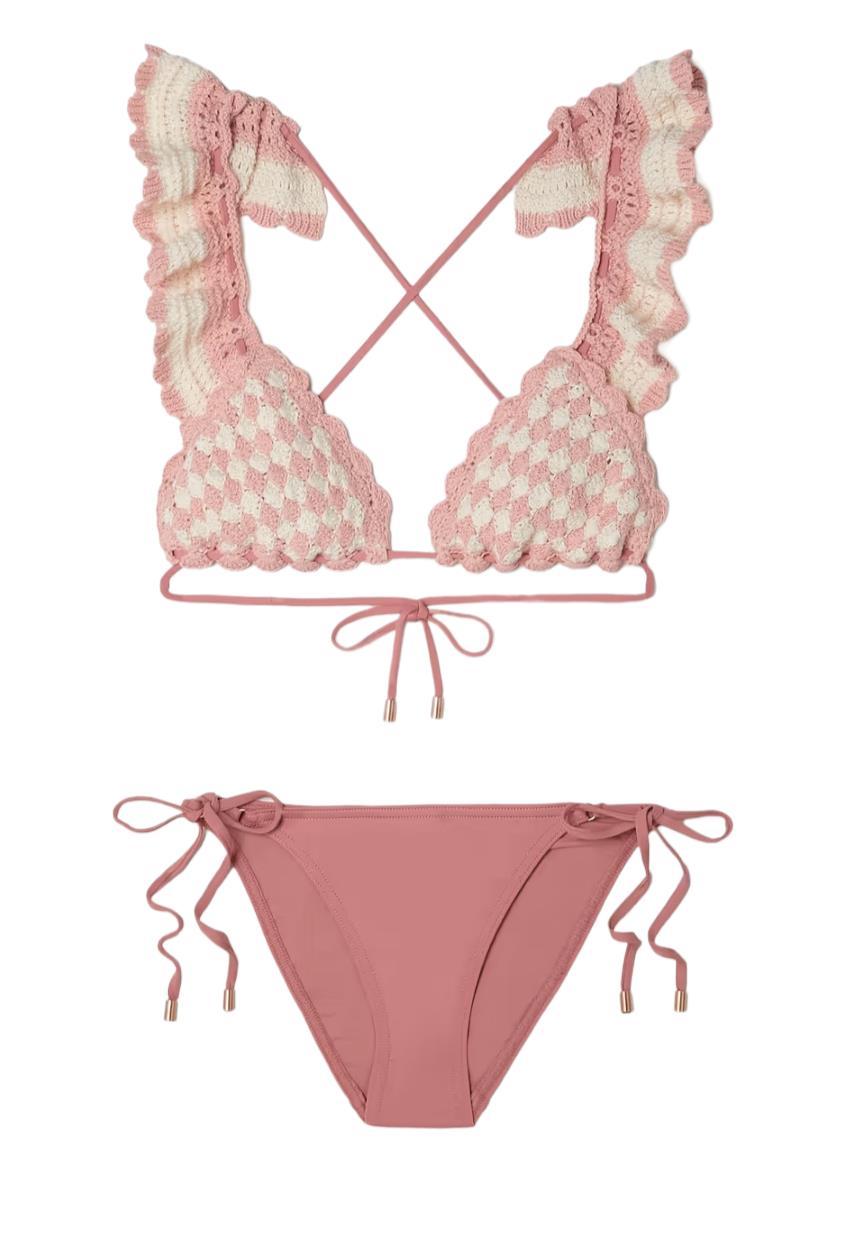 Zimmermann Clover Crochet Triangle Bikini | Pink White, Ruffle Shoulders, Tie