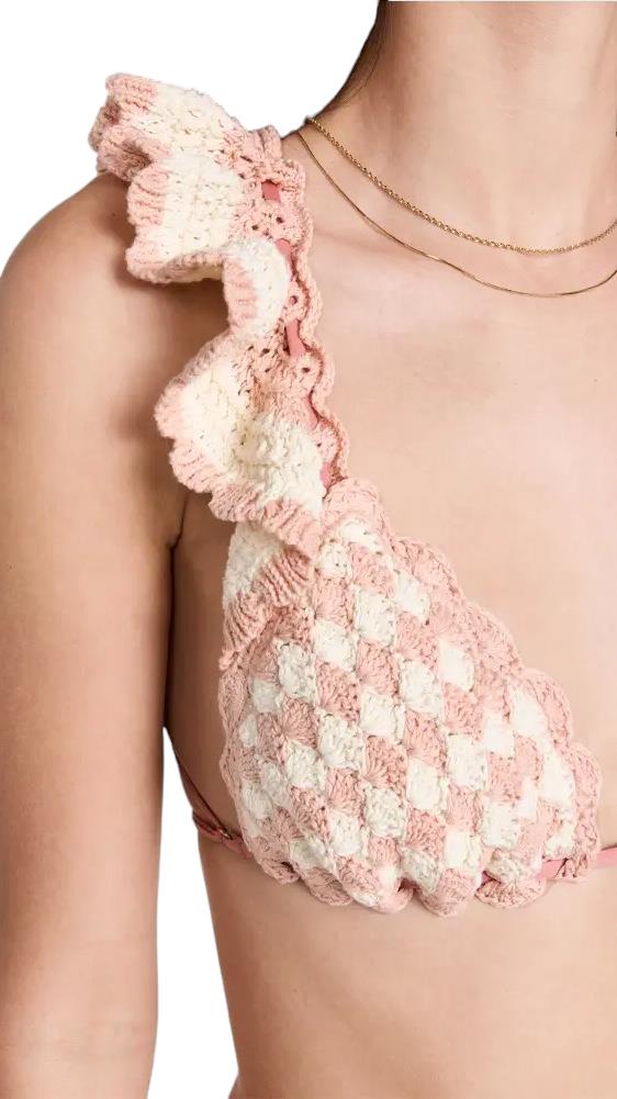 Zimmermann Clover Crochet Triangle Bikini | Pink White, Ruffle Shoulders, Tie