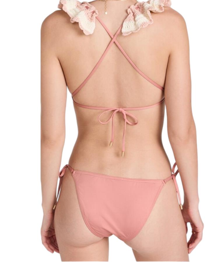 Zimmermann Clover Crochet Triangle Bikini | Pink White, Ruffle Shoulders, Tie