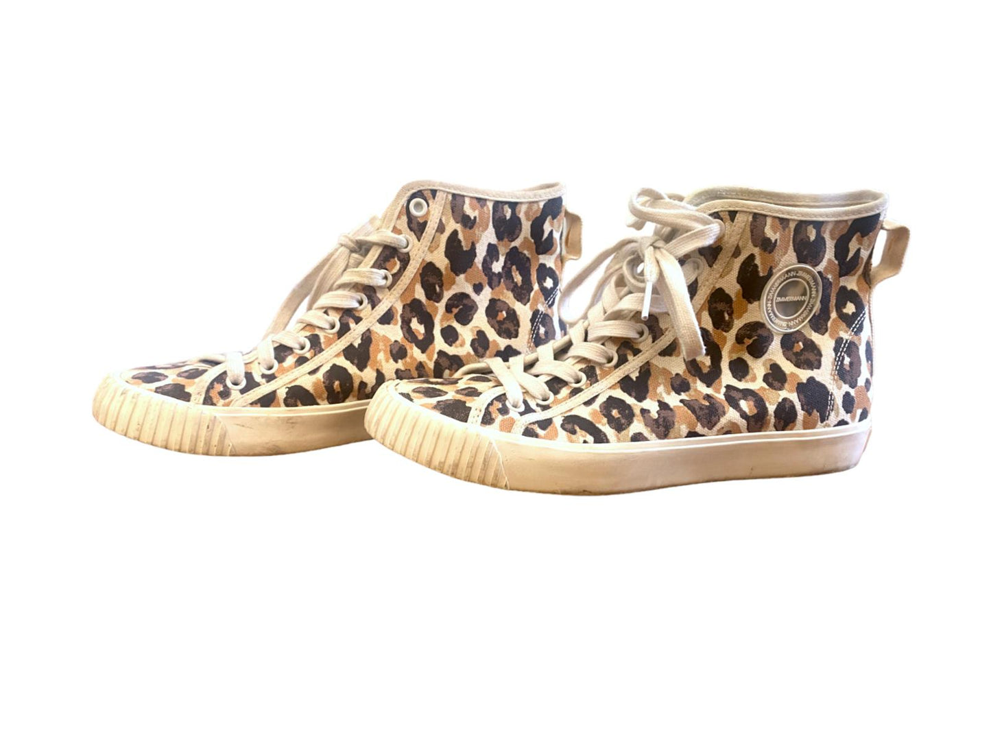 Zimmermann Canvas Leopard Print Trainers | High Top Sneakers, Sz 41, White/Beige