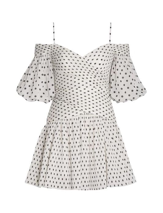 Zimmermann Pleated Mini Dress | Plisse, White/Black Polka Dot, Puff Sleeves