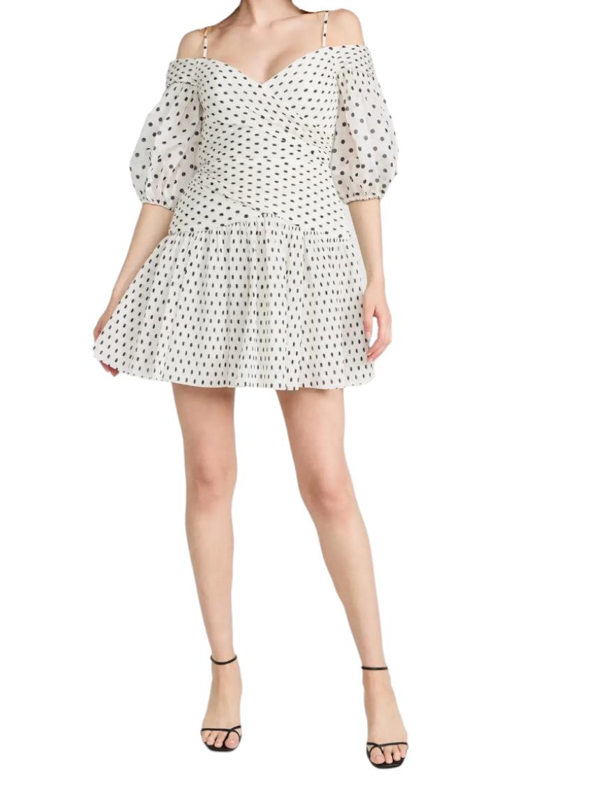 Zimmermann Pleated Mini Dress | Plisse, White/Black Polka Dot, Puff Sleeves