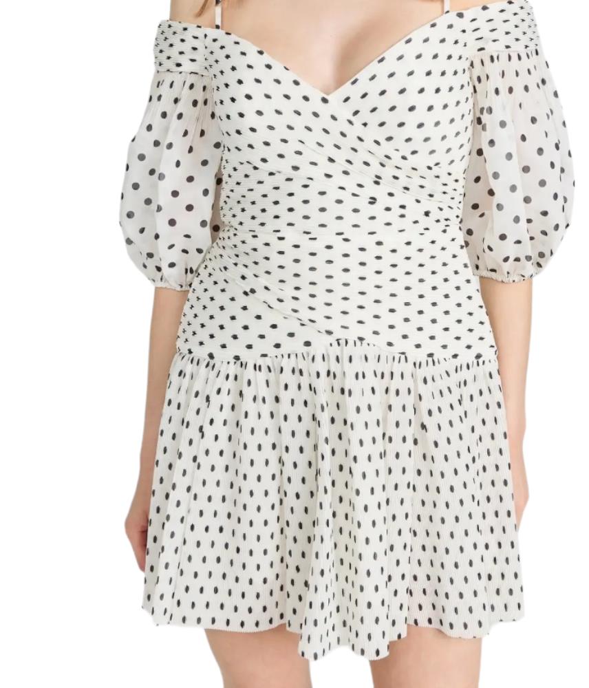 Zimmermann Pleated Mini Dress | Plisse, White/Black Polka Dot, Puff Sleeves