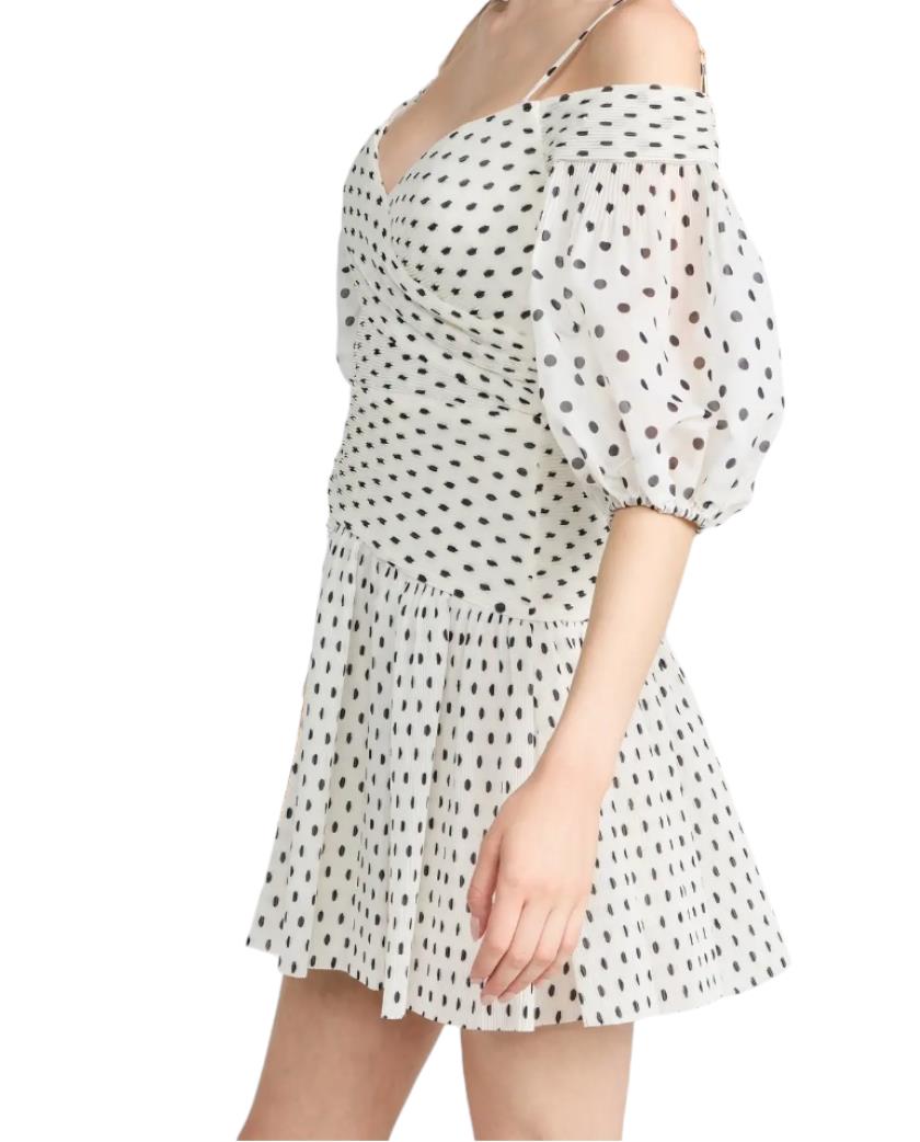 Zimmermann Pleated Mini Dress | Plisse, White/Black Polka Dot, Puff Sleeves