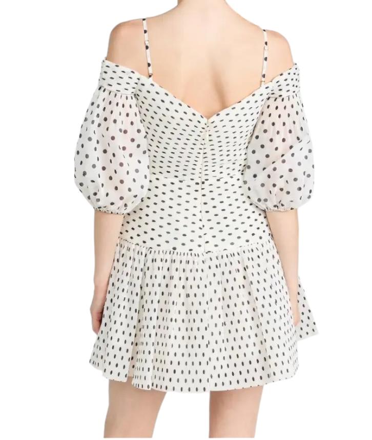 Zimmermann Pleated Mini Dress | Plisse, White/Black Polka Dot, Puff Sleeves