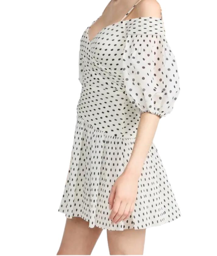 Zimmermann Pleated Mini Dress | Plisse, White/Black Polka Dot, Puff Sleeves