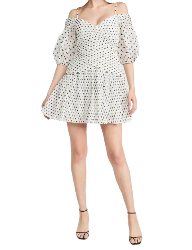 Zimmermann Pleated Mini Dress | Plisse, White/Black Polka Dot, Puff Sleeves