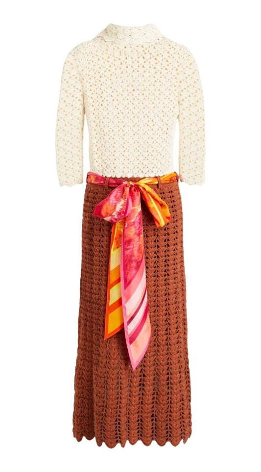 Zimmermann High Tide Crochet Midi Dress, Cream/Brown/Tan, Slip, Scarf Belt