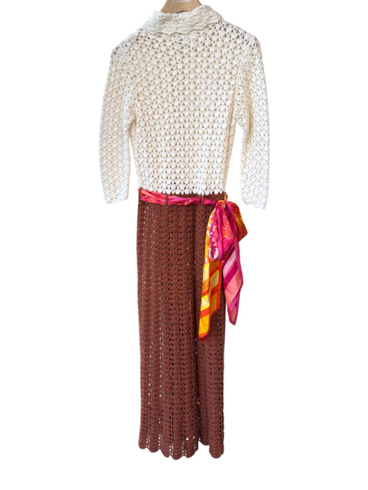 Zimmermann High Tide Crochet Midi Dress, Cream/Brown/Tan, Slip, Scarf Belt