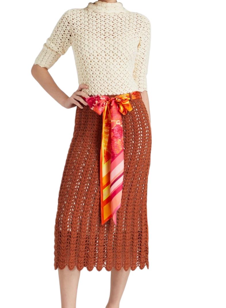 Zimmermann High Tide Crochet Midi Dress, Cream/Brown/Tan, Slip, Scarf Belt