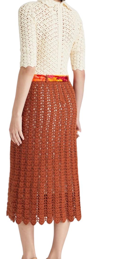 Zimmermann High Tide Crochet Midi Dress, Cream/Brown/Tan, Slip, Scarf Belt