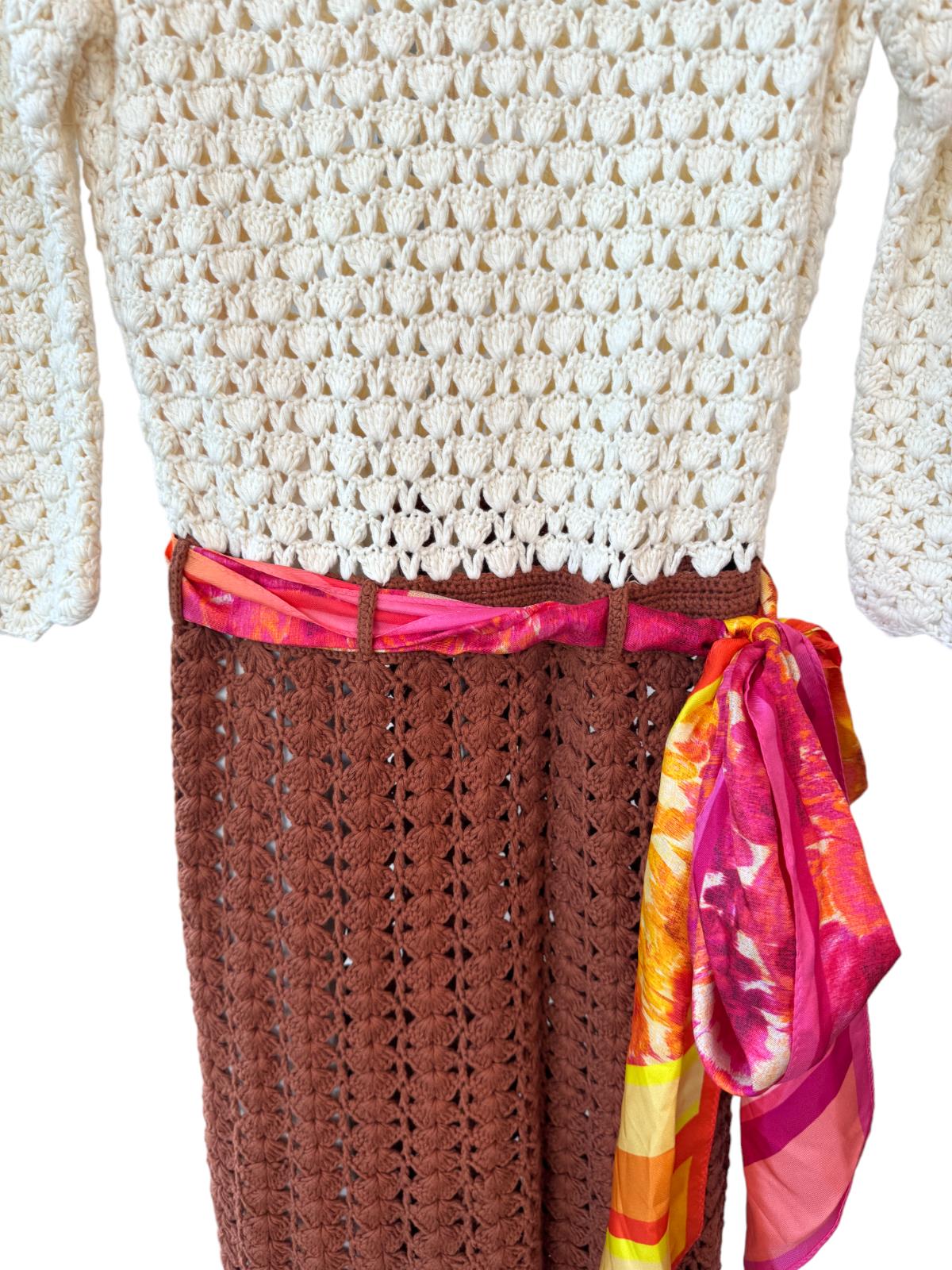 Zimmermann High Tide Crochet Midi Dress, Cream/Brown/Tan, Slip, Scarf Belt