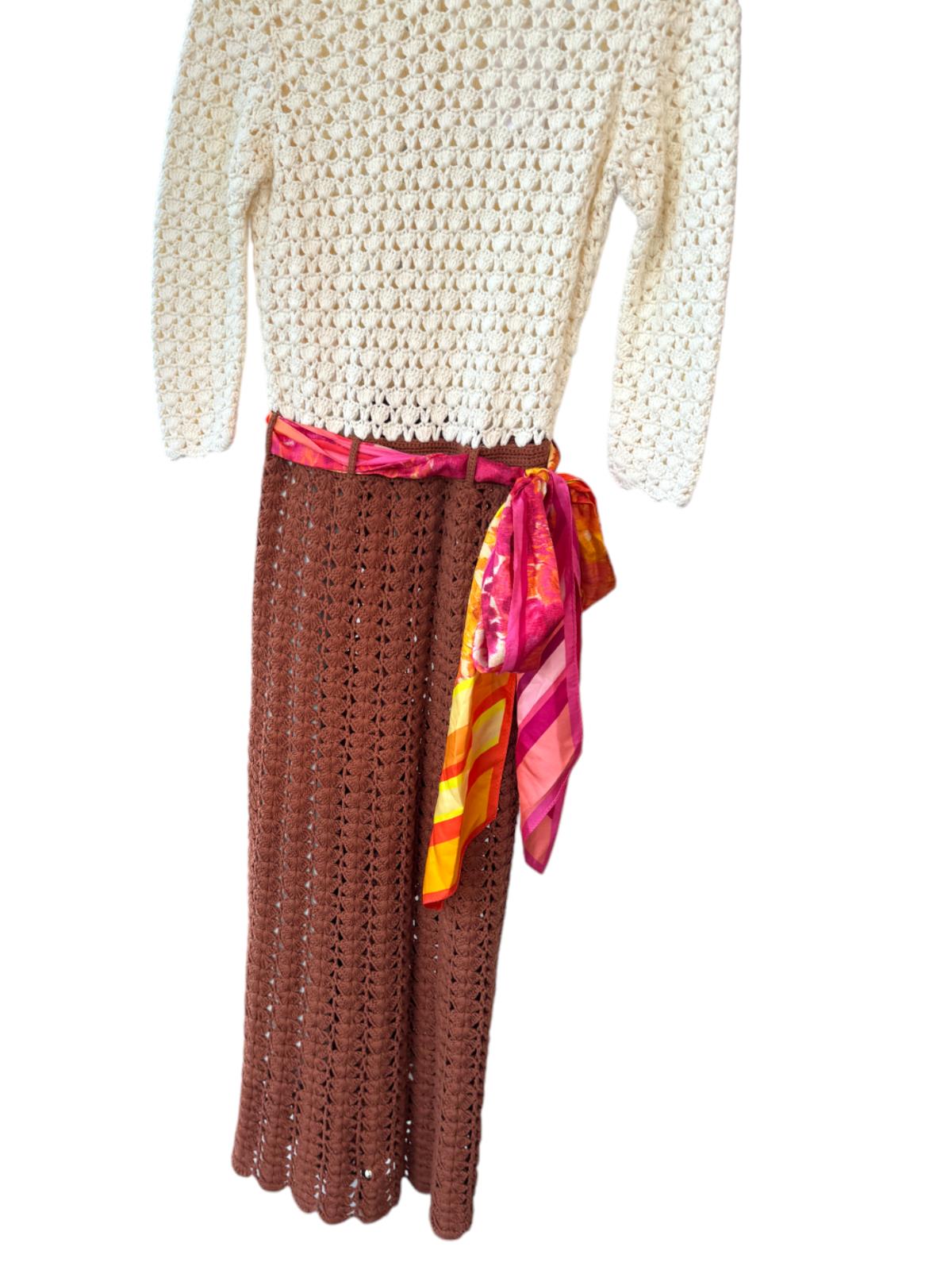 Zimmermann High Tide Crochet Midi Dress, Cream/Brown/Tan, Slip, Scarf Belt