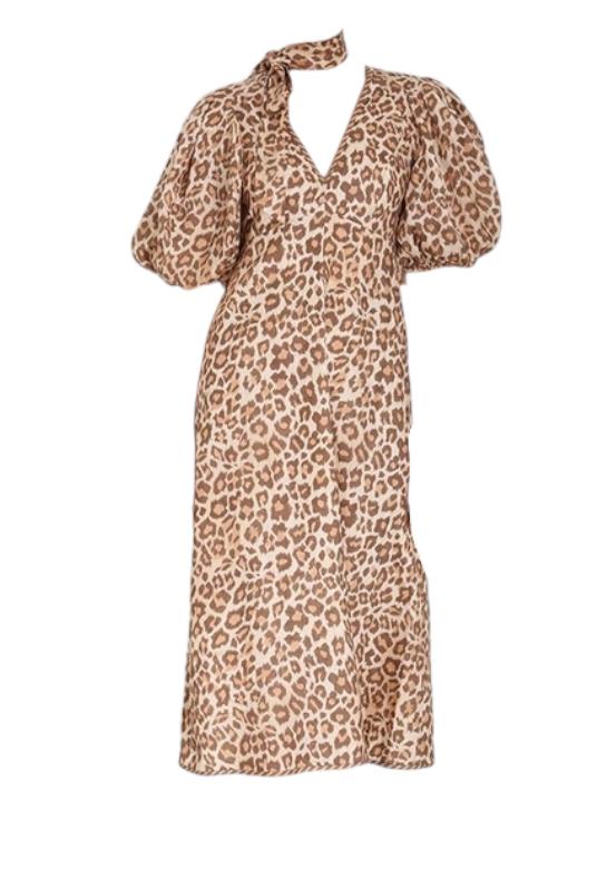 Zimmermann Tie Neck Midi Dress | Toffee Leopard, Short Puff Sleeves, Neck Tie