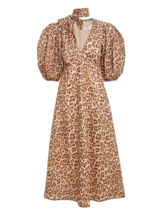 Zimmermann Tie Neck Midi Dress | Toffee Leopard, Short Puff Sleeves, Neck Tie