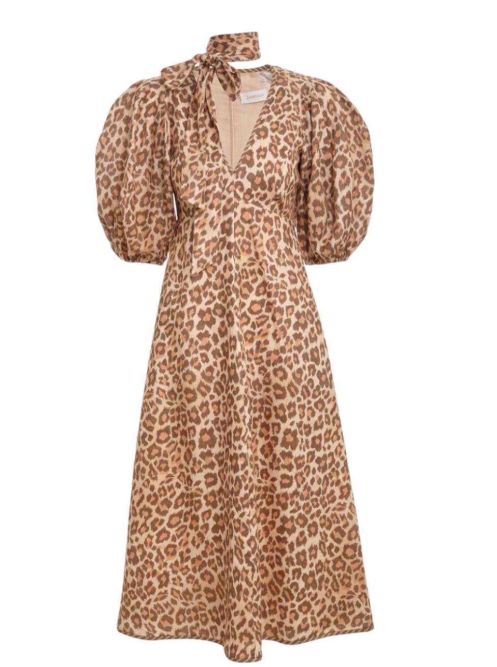 Zimmermann Tie Neck Midi Dress | Toffee Leopard, Short Puff Sleeves, Neck Tie