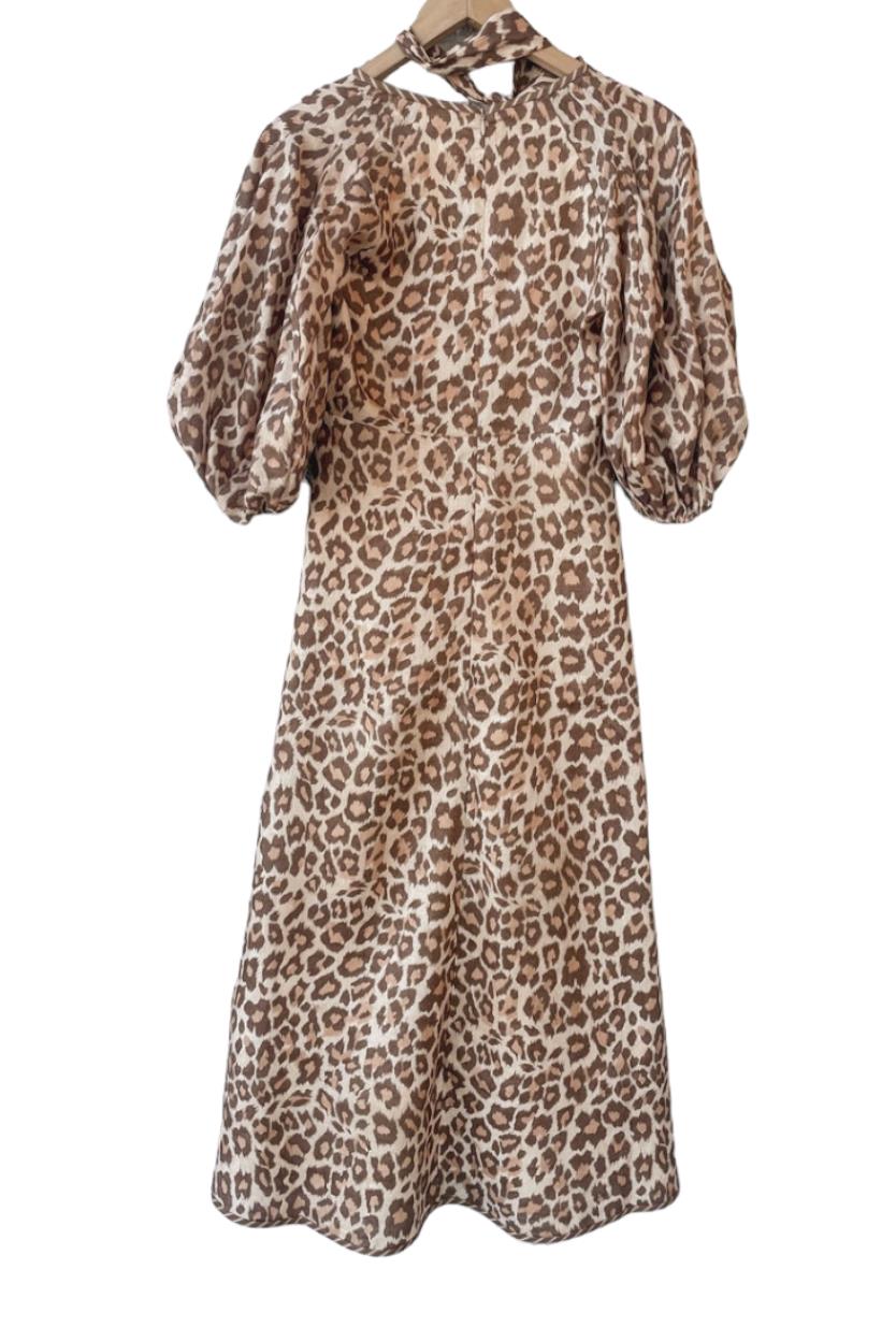 Zimmermann Tie Neck Midi Dress | Toffee Leopard, Short Puff Sleeves, Neck Tie