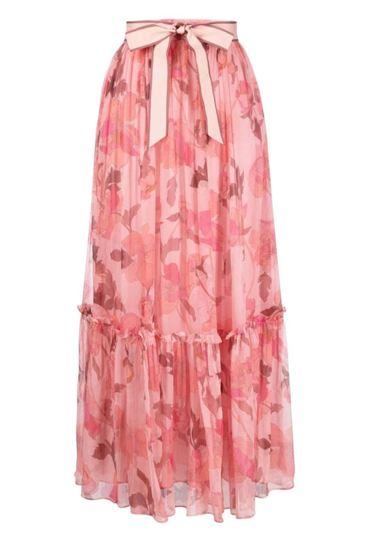 Zimmermann Concert Maxi Skirt, Pink Peonies | Floral, Tie Belt, Silk, High Waist
