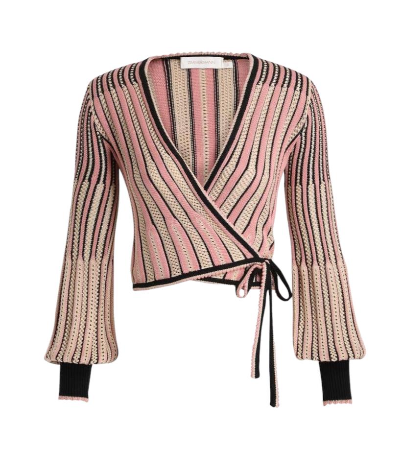 Wonderland Pointelle Wrap Top | Jersey, Cropped, Pink/Black/White, Puff Sleeve