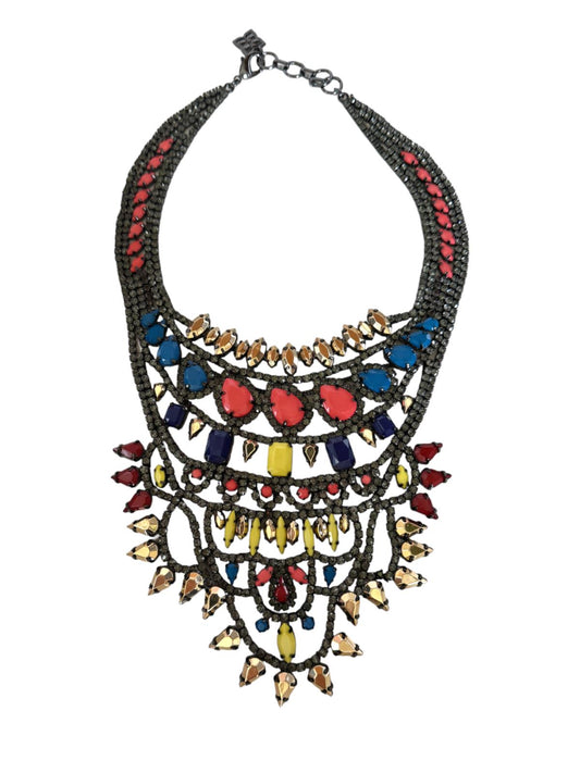 Vibrant Statement Bib Necklace | Pink/Yelow/Gold/Dark Silver Stones, Gr8 Quality