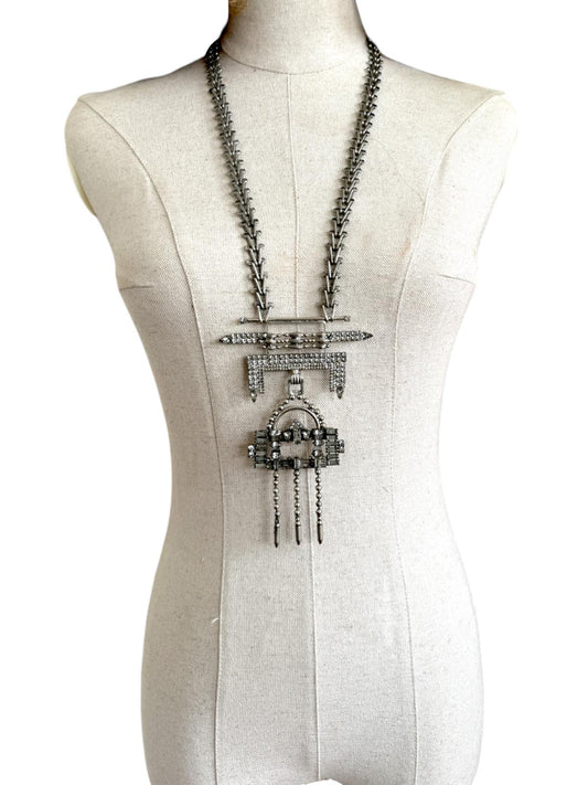 Art Deco Statement Necklace | Oxidised Silver, Crystals, Aztec, Tribal, Festival