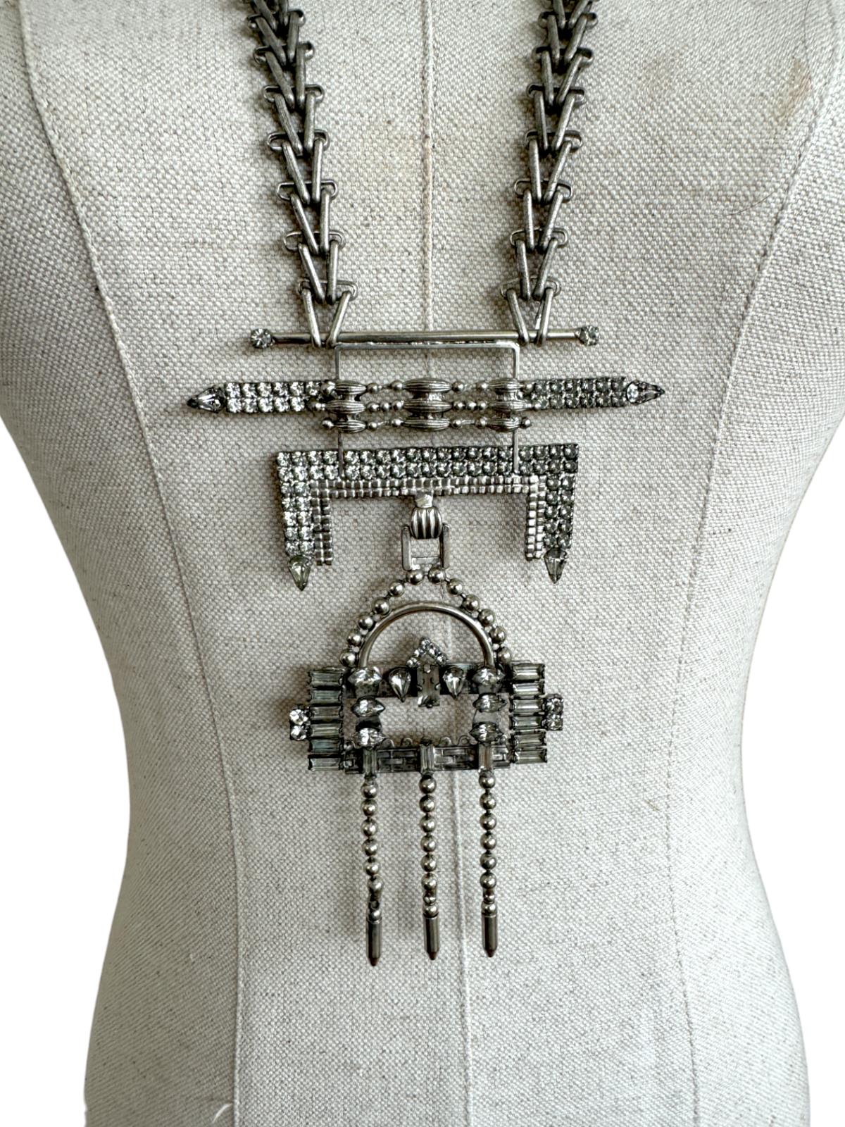 Art Deco Statement Necklace | Oxidised Silver, Crystals, Aztec, Tribal, Festival