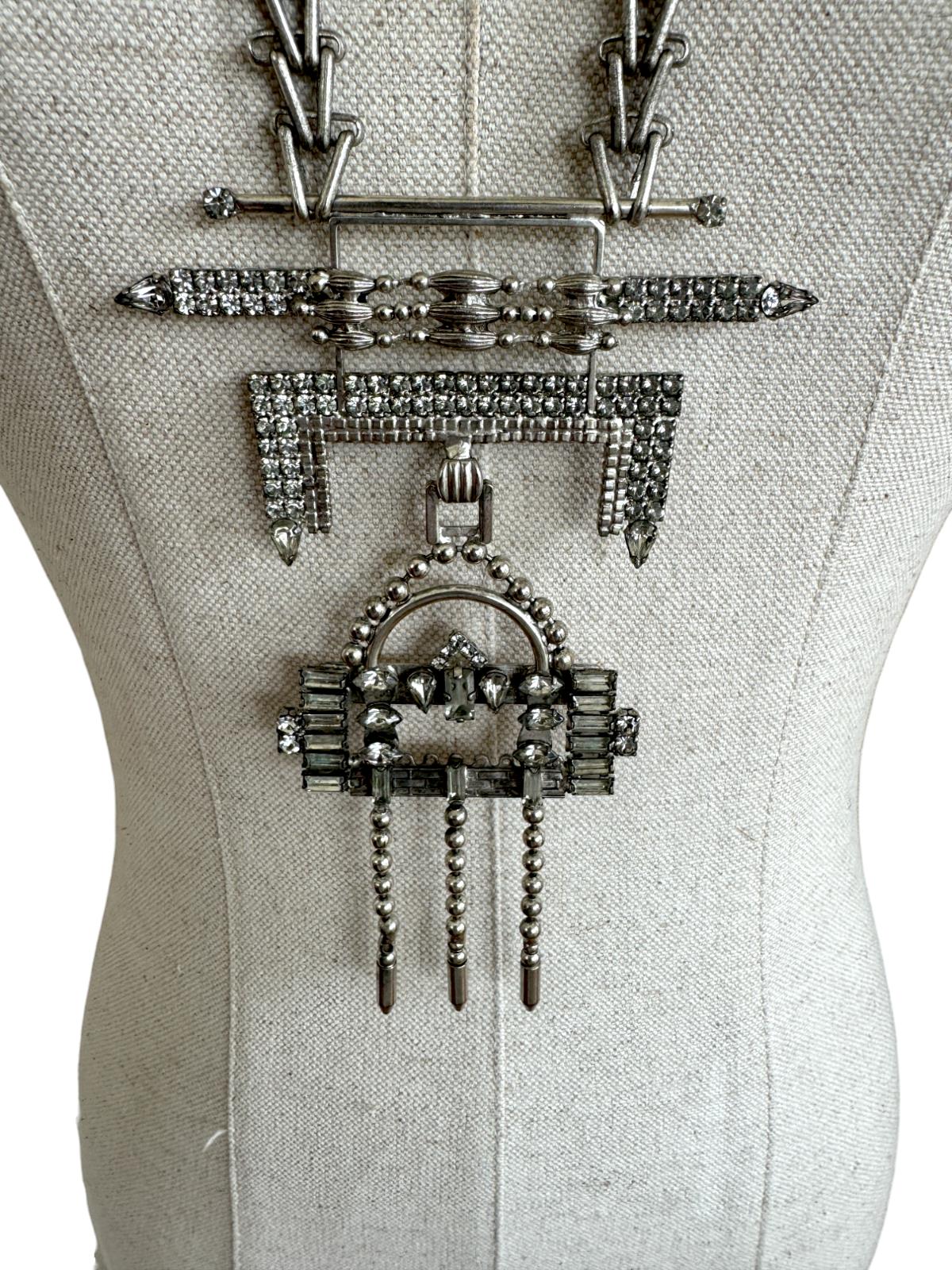 Art Deco Statement Necklace | Oxidised Silver, Crystals, Aztec, Tribal, Festival