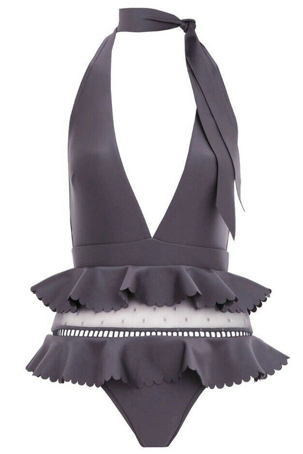 Zimmermann Honour Halter Tie One Piece | Steel/Grey, Lattice Frill, Mesh $500 RP