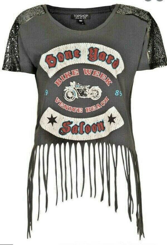 Topshop Bone Yard Rocker Tee | Biker, Grey, Fringes / Tassles, Sequined Shoulder