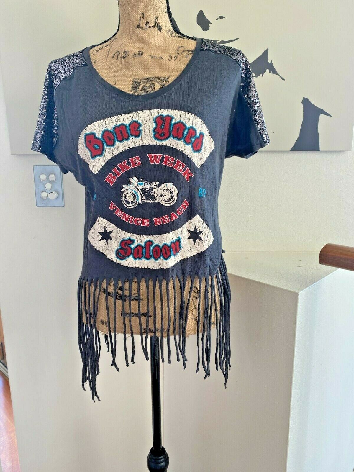 Topshop Bone Yard Rocker Tee | Biker, Grey, Fringes / Tassles, Sequined Shoulder