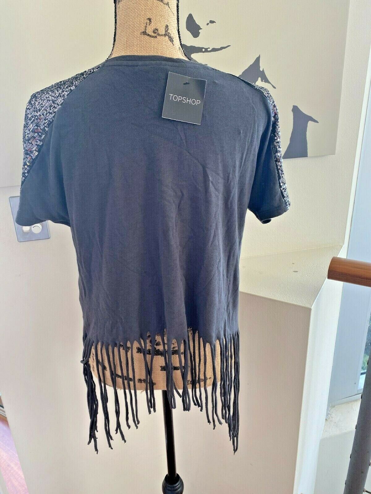 Topshop Bone Yard Rocker Tee | Biker, Grey, Fringes / Tassles, Sequined Shoulder