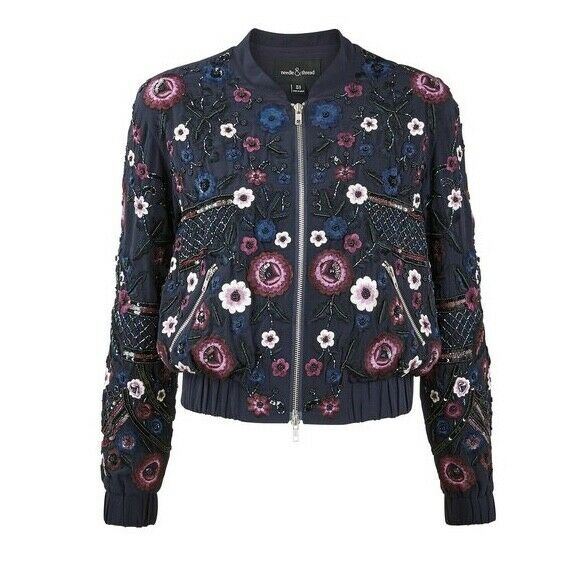 Needle and Thread Folk Bomber Jacket | Navy, Embroidered & Sequin Embellishment