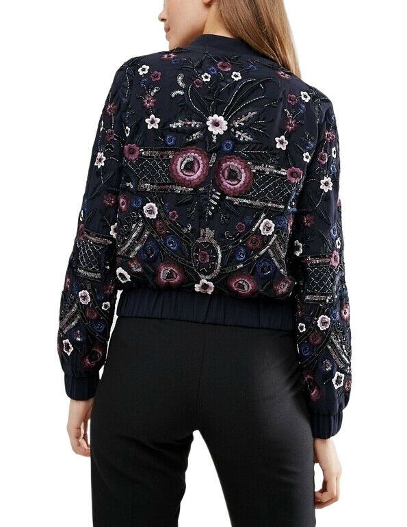 Needle and Thread Folk Bomber Jacket | Navy, Embroidered & Sequin Embellishment