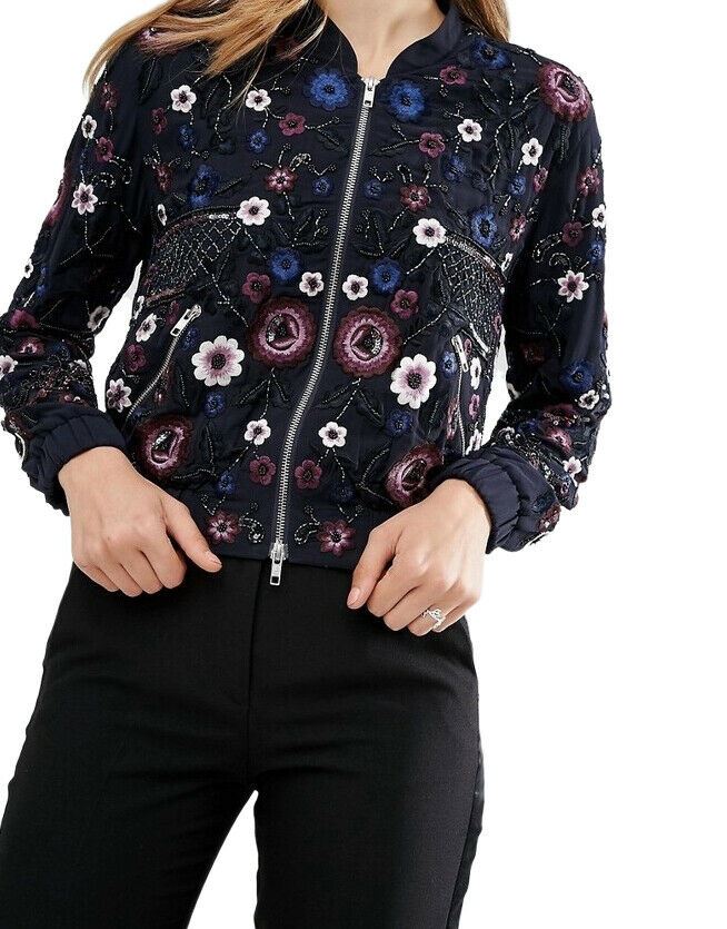 Needle and Thread Folk Bomber Jacket | Navy, Embroidered & Sequin Embellishment