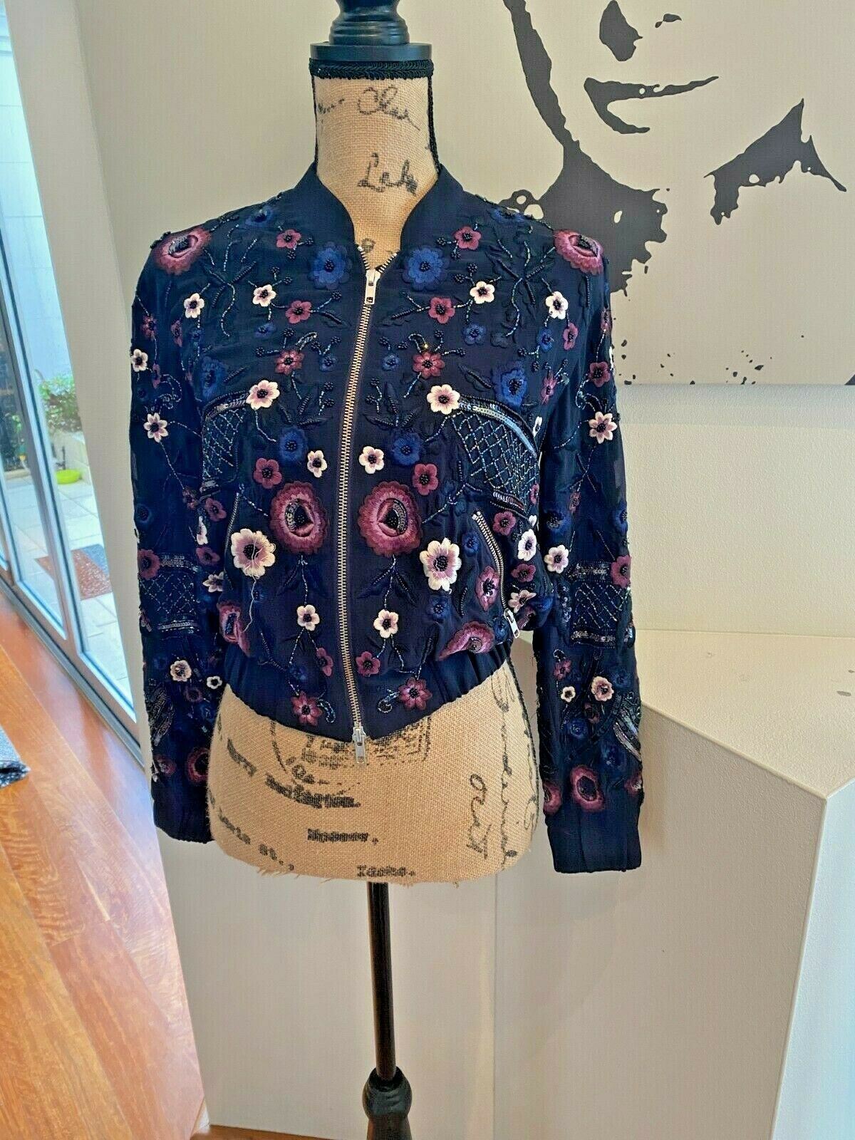 Needle and Thread Folk Bomber Jacket | Navy, Embroidered & Sequin Embellishment