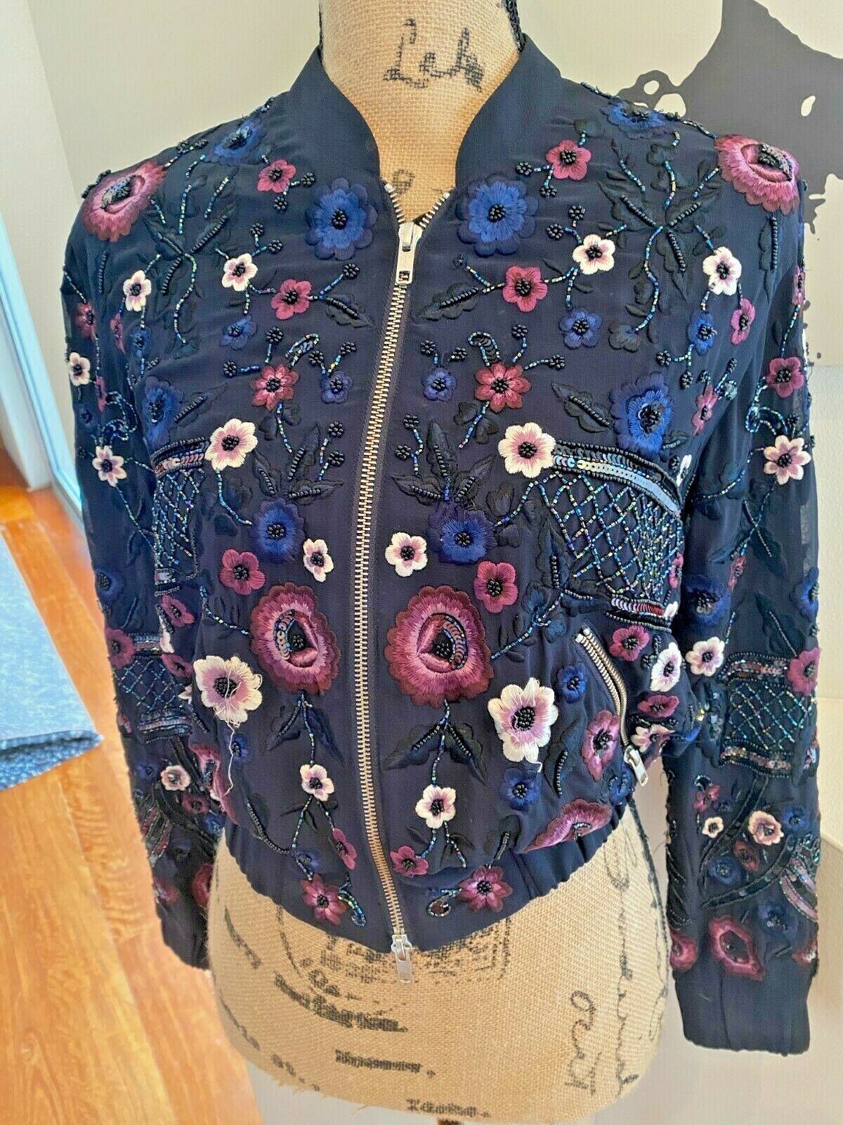 Needle and Thread Folk Bomber Jacket | Navy, Embroidered & Sequin Embellishment