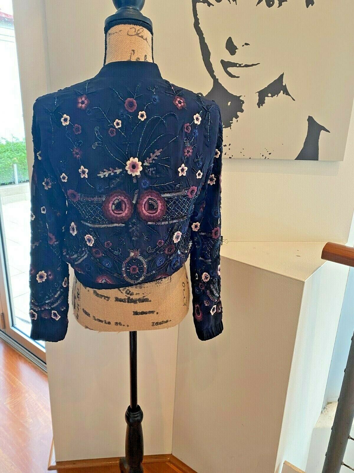 Needle and Thread Folk Bomber Jacket | Navy, Embroidered & Sequin Embellishment