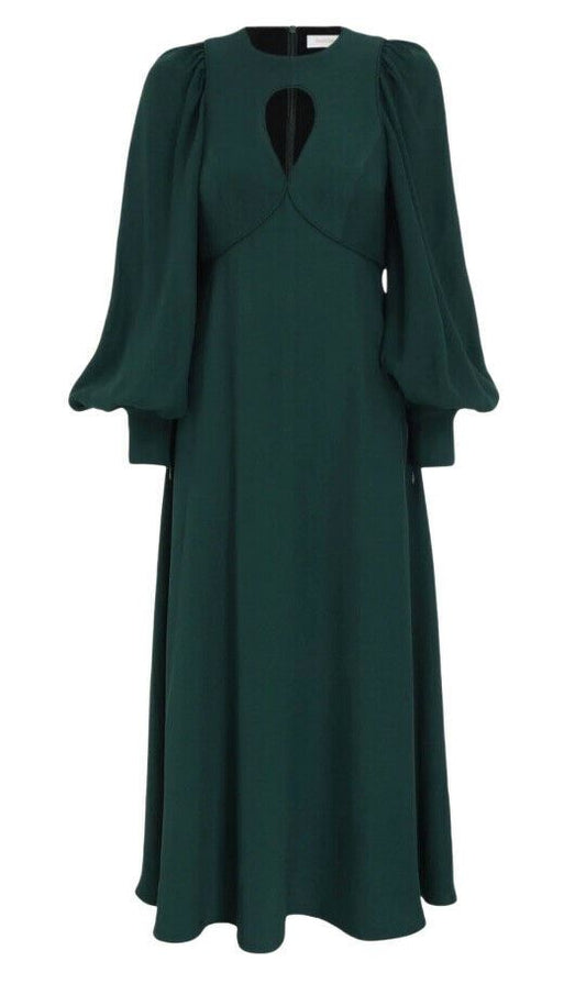 Zimmermann Keyhole Midi Dress, Green |Viscose, Puff Sleeves, Cutout, Fit & Flare