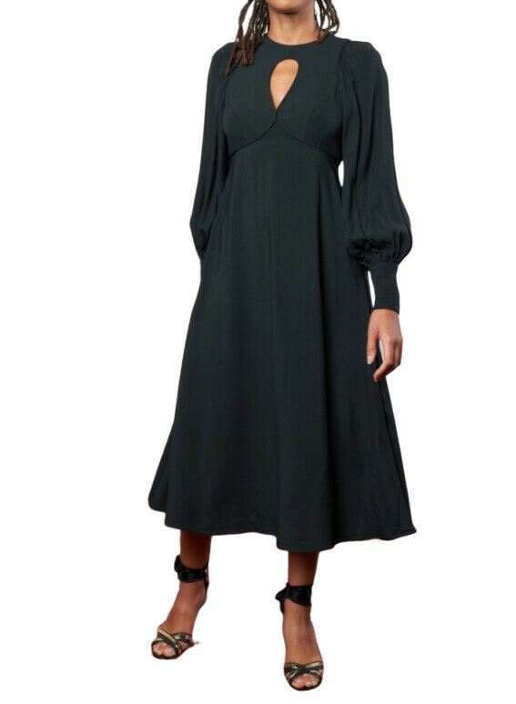 Zimmermann Keyhole Midi Dress, Green |Viscose, Puff Sleeves, Cutout, Fit & Flare